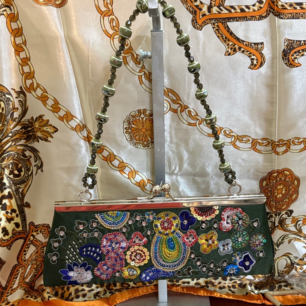Floral Embroidered Clutch with Beaded Strap